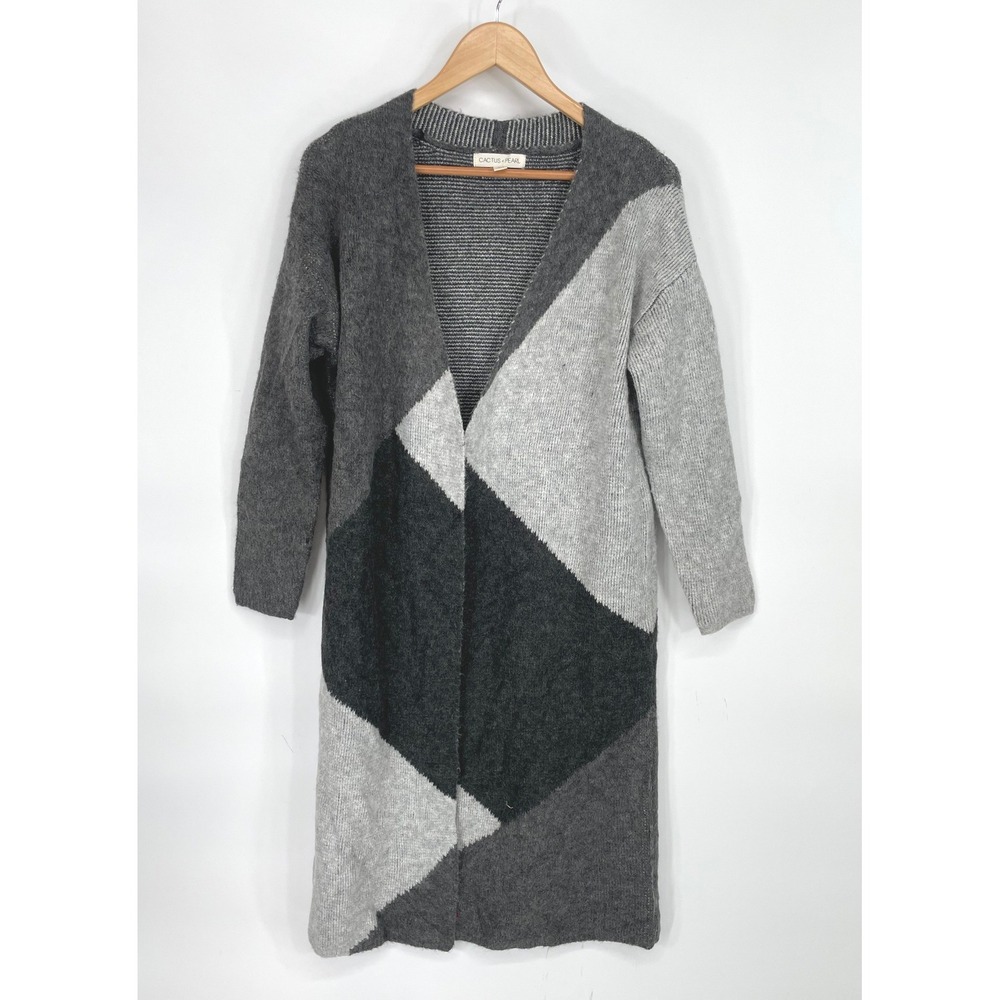 Cactus + Pearl Women Sweater M Opened Cardigan Grey Colorblock Duster Cozy